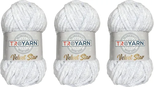 Miniatura 20 de Troyarn Velvet Star (Paquete de 3 Madejas) - Ovillo de felpilla con purpurina plateada para manta de bebé, hilo amigurumi, para ganchillo y tejer