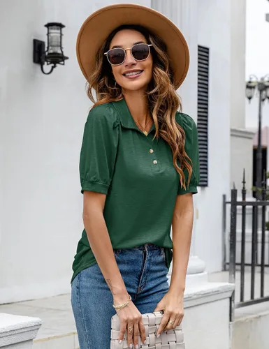 Miniatura 4 de LOMON Camisas polo para mujer, con cuello en V, manga corta, cuello en V, holgadas