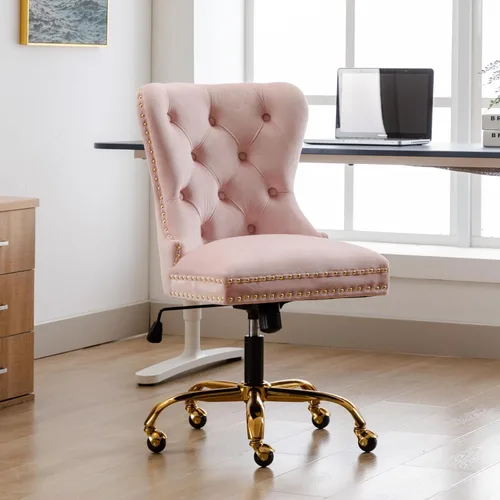 Miniatura 8 de Silla de escritorio de terciopelo para oficina en casa con ruedas y base dorada, cómoda silla de maquillaje copetuda para mujeres y niñas, silla