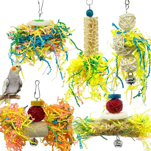 Miniatura 3 de EBaokuup Paquete de 3 juguetes para masticar pájaros, trituradora de forraje, jaula de loro, juguete colgante de lufa para cacatúa, conure, loro 3