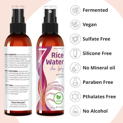 Miniatura 4 de Seven Minerals Spray de agua de arroz para el crecimiento del cabello, fermentado con agua de rosas, aloe vera y MSM, vegano, no grasoso, ligero, 4