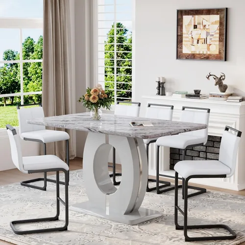 Miniatura 24 de Juego de mesa de comedor de mármol de 63 pulgadas para 6, moderno juego de mesa de comedor de altura de mostrador, mesa alta gris con taburetes