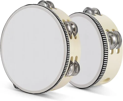 Miniatura 18 de Flexzion Pandereta redonda de madera para niños y adultos de 8" pulgadas, 8 pares de jingles de fila única, instrumento de percusión de mano de Una