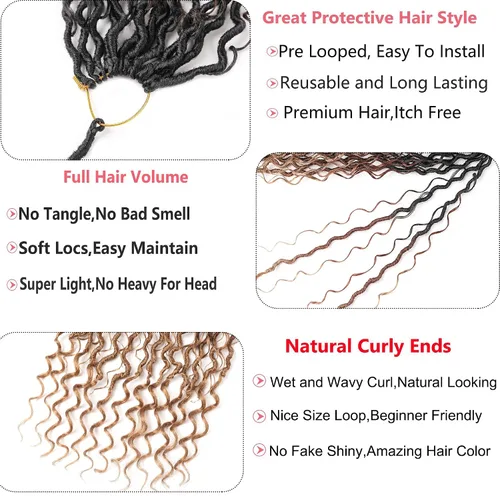Miniatura 3 de Cabello de Ganchillo Boho Goddess Locs de 18 Pulgadas, 7 Paquetes, Degradado de Tres Tonos, Nuevas Locs Sintéticas de Ganchillo con Puntas Rizadas