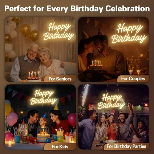 Miniatura 9 de Letrero de neón para decoración de pared, letrero LED de feliz cumpleaños con banderas de fiesta, luz de neón regulable alimentada por USB para mesa