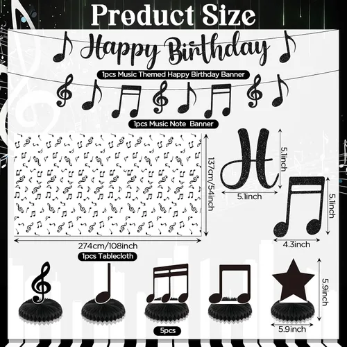 Miniatura 4 de Decoraciones de fiesta musical, nota musical negra, pancarta de feliz cumpleaños, mantel de notas y 5 piezas de mesa de panal de abeja, decoración