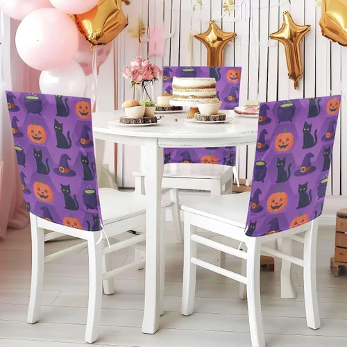 Miniatura 4 de Seat Covers for Dining Room Chairs for Family Gatherings (Scenario) Set of 2 Washable Dining Chair Cover Halloween Pattern Black Cats Pumpkin Purple