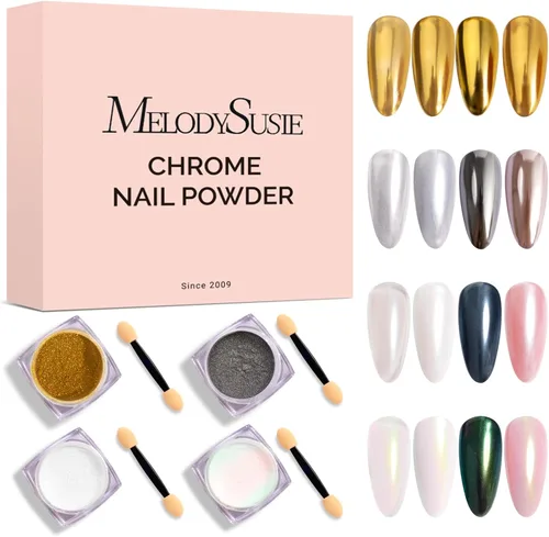 Miniatura 11 de MelodySusie Polvo para Uñas Oro Champán con Efecto Cromo para Uñas de Gel, Pigmento Metálico con Efecto Espejo, Purpurina Fina Elegante