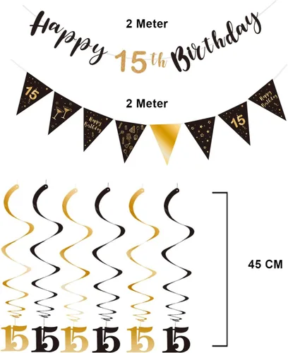 Miniatura 3 de BRT Bearingshui Kit de decoración de cumpleaños número 15 para niños y niñas, pancarta de feliz cumpleaños 15, serpentinas de remolinos, pancarta