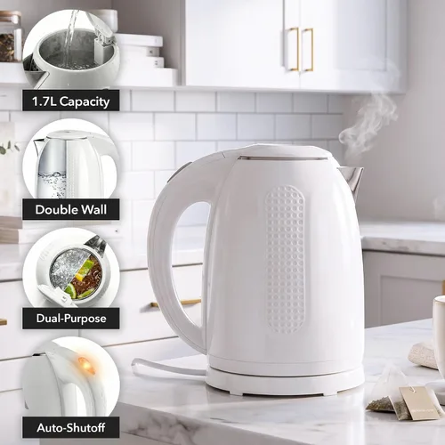 Miniatura 2 de OVENTE - Hervidor eléctrico de té de 1,7 litros de doble pared, caldera y calentador de agua de 1100 W con exterior de tacto frío, interior aislado