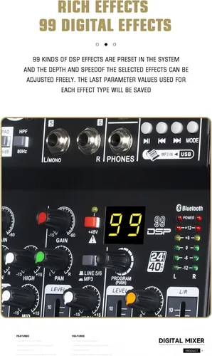 Miniatura 4 de Mezclador de audio profesional de metal de 6 canales con BT, interfaz de audio, consola de mezcla de tablero de sonido, efecto de reverberación DSP