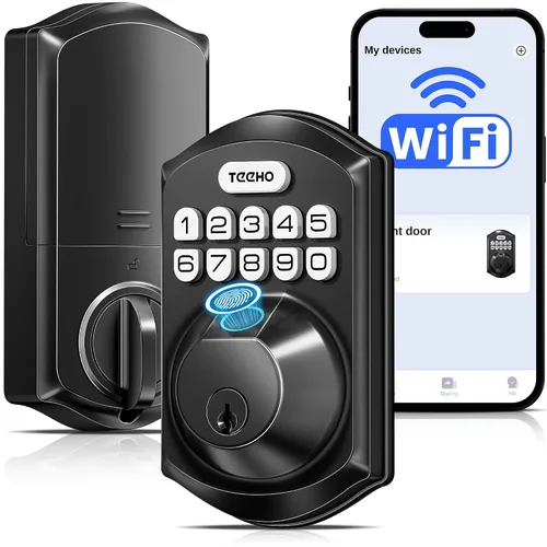 TEEHO TE012W - Cerradura inteligente WiFi, cerradura de puerta con huella dactilar con Wi-Fi incorporado, cerradura inteligente sin llave con