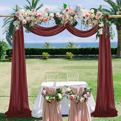 Miniatura 6 de Tela de Drapeado de Arco Burdeos Gasa Cortinas de Arco de Boda Vino 2 Paneles 18 pies Cortinas Transparentes para Drapeado de Techo de Boda Cortinas