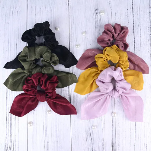 Miniatura 6 de 6 piezas coleteros de cabello de satén sedoso con orejas de conejo, lazo, bandas elásticas para el cabello, sujetadores de coleta para mujeres, 01