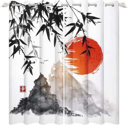 Miniatura 5 de Cortinas japonesas con pintura de tinta, monte Fuji, sol rojo, puesta de sol, hojas de bambú, cortinas de ventana para dormitorio, sala de estar