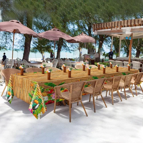 Miniatura 6 de Frienda Mantel Tiki de 3 piezas para decoración de mesa Luau, mantel de plástico para fiesta hawaiana, desechable, tótem Tiki para Hawaii, playa