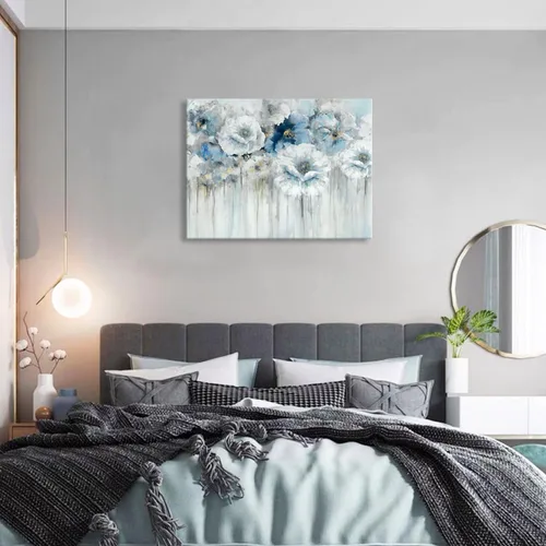 Miniatura 6 de Cuadro de flores para sala de estar, arte de pared floral azul y blanco sobre lienzo con detalles dorados para decoración de dormitorio gris, 32 x