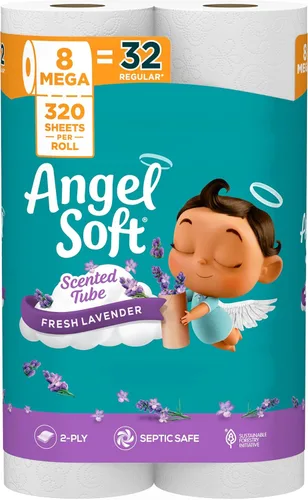 Angel Soft Papel higiénico con tubo perfumado de lavanda fresca, 8 megarrollos = 32 rollos regulares, papel higiénico suave y fuerte