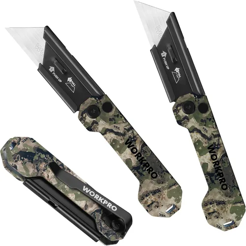 Miniatura 9 de WORKPRO Paquete de 3 cuchillos utilitarios plegables, cuchillas de cambio rápido, juego de cuchillos de bolsillo plegables EDC con clip