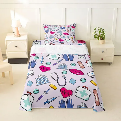 Miniatura 46 de Erosebridal Nurse Sheet Set Stethoscope Twin Sheets Set for Teen Boys,Colorful Medical Healthcare Heartbeat Syringe Fitted Sheet