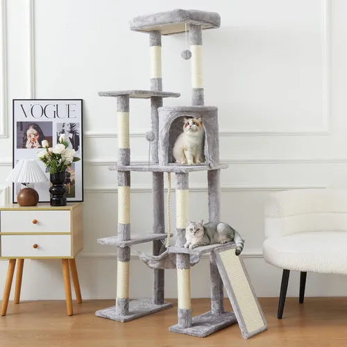Miniatura 7 de Árbol grande para gatos, torre para gatos de varios niveles de 65 pulgadas de alto con postes rascadores cubiertos de sisal, condominio, hamaca