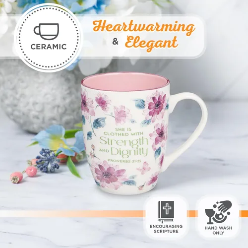 Miniatura 3 de Christian Art Gifts Taza inspiradora de cerámica para café y té para mujeres: Fuerza y Dignidad Versículo Bíblico Alentador de Proverbios, vajilla