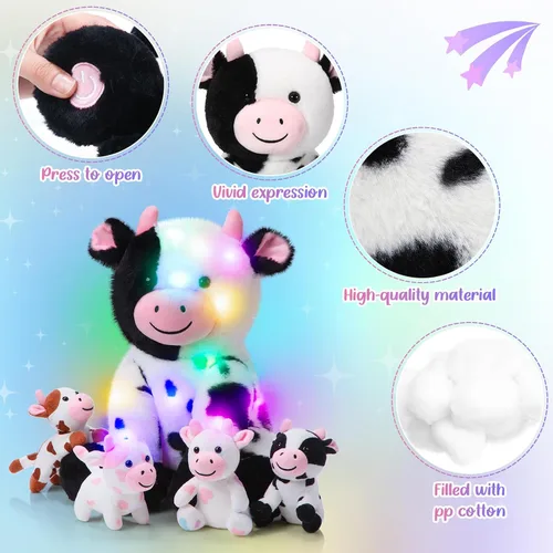 Miniatura 3 de Sumind 5 piezas de conjunto de animales de peluche de vaca de 13.78 pulgadas, mami vaca de peluche con 4 lindos becerros en su barriga, grandes