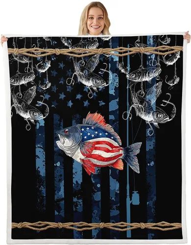 Manfei Fish Throw Blanket Blue Camouflage American Flag Bed Blanket for Kids Boys Girls Room Decor, Fishing Theme Blanket for Couch Sofa, Soft and