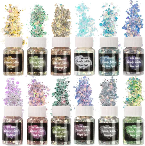 LET'S RESIN - Purpurina opalina gruesa para resina, 12 * 10 g de polvo de purpurina artesanal para vasos/slime, lentejuelas de purpurina iridiscente