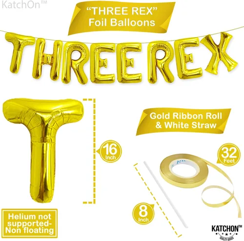 Miniatura 3 de Katchon, Enormes globos dorados de tres Rex – 16 pulgadas Tres decoraciones de cumpleaños Rex para niño Decoraciones de cumpleaños de dinosaurio