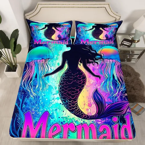Miniatura 9 de Erosebridal Sábanas de cama de sirena azul para niñas, bonita sábana bajera ajustable de unicornio, 2 piezas, ropa de cama de arcoíris femenino