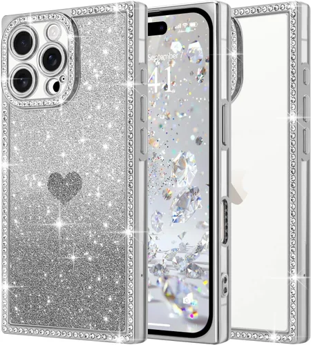 Miniatura 9 de Funda para iPhone 13, funda de diamantes de imitación de lujo con patrón de corazón de amor de cristal [papel con purpurina extraíble], parachoques