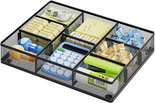 Marbrasse Organizador de cajones de escritorio, bandeja organizadora de cajones de malla metálica con 5 compartimentos ajustables, organizadores de