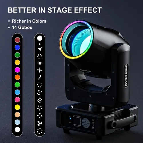Miniatura 2 de 350W 7R Luz de haz con cabeza móvil y tira LED RGB, control DMX512, sonido activado, efecto de prisma, niebla, arcoíris, 48 prismas y 14 gobos, 14