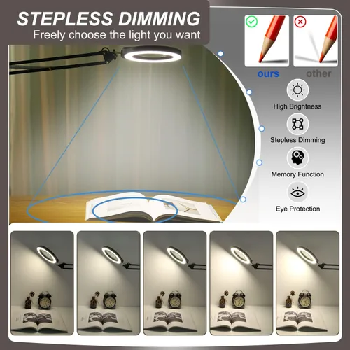 Miniatura 4 de VEEMAGNI Lupa grande de cristal real de 12 x 5 pulgadas con luz y soporte, 5 modos de color regulable, brazo giratorio largo LED abrazadera lámpara