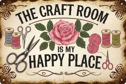 Letrero de hojalata de metal rústico "The Craft Room Is My Happy Place" 8x12 pulgadas, decoración artística para el hogar y la oficina, arte de