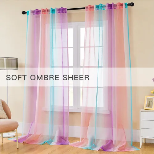Miniatura 2 de XiDi Cortinas traslúcidas degradadas para decoración de habitación de niñas, cortinas traslúcidas para dormitorio, sala de estar, cortinas Rosa Azul