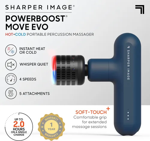 Miniatura 2 de Sharper Image Pistola de masaje de percusión de tejido profundo, Powerboost Move Evo, masajeador de mano recargable para calor y frío, 4 velocidades
