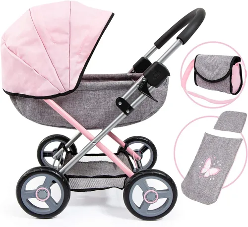 Bayer: Juego de cochecito de muñeca bebé 4 en 1 Conjunto acogedor - Muñecas hasta 45.72 cm (Rosa/Gris) | Muñecas bebé | Fingir | Vestirse | Accesorio
