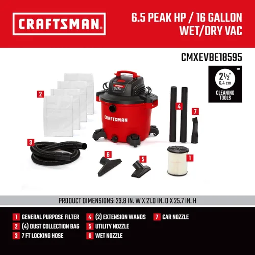 Miniatura 3 de CRAFTSMAN CMXEVBE18595 - Aspiradora húmeda y seca de 16 galones, 6.5 HP de potencia máxima, aspiradora de taller resistente húmeda y seca