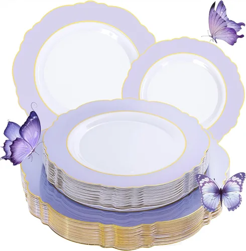 Miniatura 8 de WDF 100 platos de plástico plateado, diseño barroco de alta gama, platos blancos y plateados resistentes para fiestas de Navidad y bodas de lujo