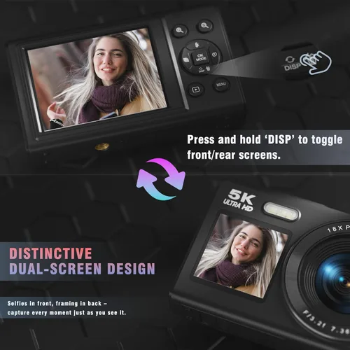 Miniatura 3 de Cámara digital 5K, cámara de doble pantalla con zoom digital de 18X, cámara compacta de vlogging para adolescentes, paquete de regalo