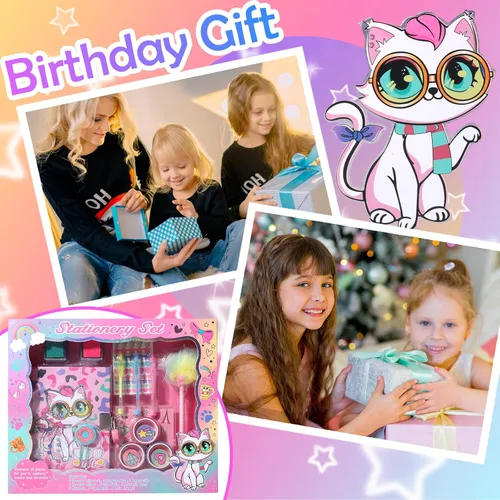 Miniatura 2 de Diario de gato para niñas con cerradura, juego de papelería de gato con diario secreto, sellos, bolígrafos, cuaderno de diario, regalos de Set