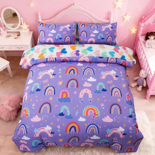 Miniatura 2 de Holawakaka Juego de edredón bohemio de arcoíris individual con sábanas, juego de ropa de cama bohemio de 5 piezas con corazón y estrella para niñas