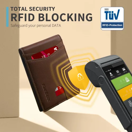 Miniatura 5 de RUNBOX - Carteras delgadas de cuero para hombres, tecnología contra interferencia de radiofrecuencia (RFID), 2 ventanas de identificación, con caja
