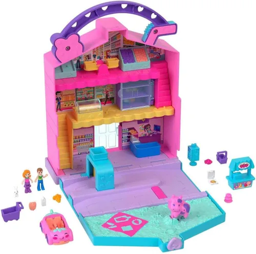 Miniatura 4 de Polly Pocket Pollyville Fresh Market Muñecas y juego de juguete, juguete de comida con 2 micro muñecas, 12 accesorios incluyen coche de juguete