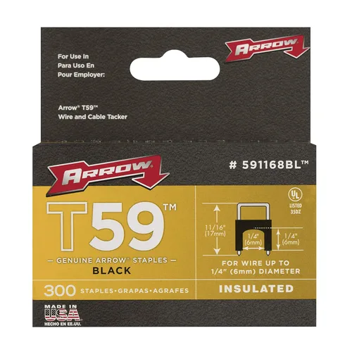 Miniatura 5 de Arrow 591168 - Grapas aisladas de acero T59 genuino de 1/4 pulgadas por 1/4 de ancho de corona para cable y cableado, negro, 300