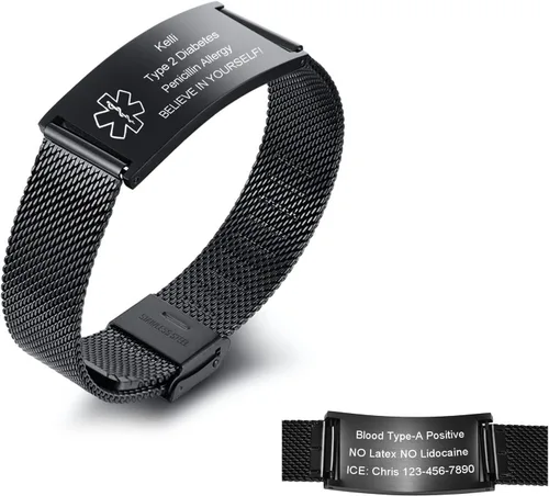 Miniatura 18 de Pulseras personalizadas de alerta médica para hombres, mujeres y niños, grabado gratuito, malla de acero inoxidable ajustable, pulsera