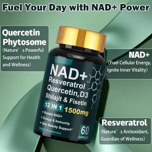 Miniatura 4 de Suplemento NAD de 1500 mg con resveratrol vitamina D3 quercetina y fisetina, suplementos NAD+ para mujeres y hombres que apoyan la energía, la salud
