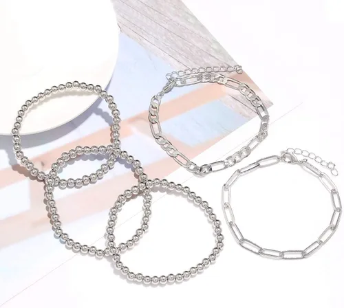 Miniatura 4 de Pulseras de cuentas para mujer apiladas elásticas doradas plateadas pequeñas cuentas de bola delicadas pulseras de eslabones Figaro para él y ella